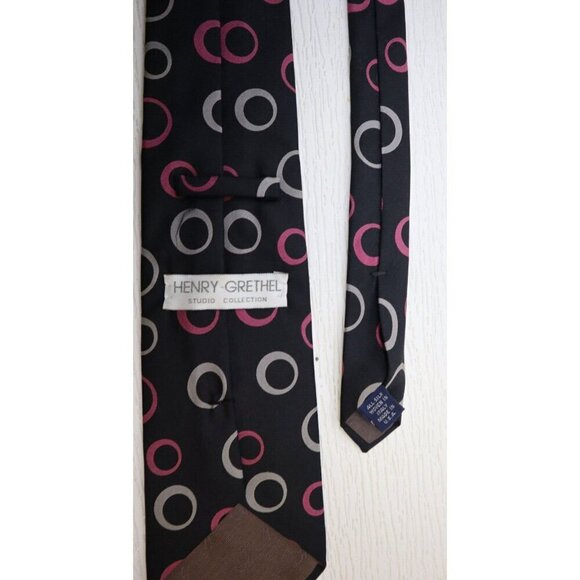 HENRY GRETHEL - MEN'S BLACK PINK GRAY PRINT PRINT 100% SILK TIE- MADE IN USA - Picture 5 of 7
